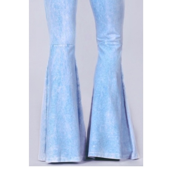 SOFT BLUE WASH MINERAL WASHED FLARE BELL BOTTOM PANTS - Picture 7 of 9